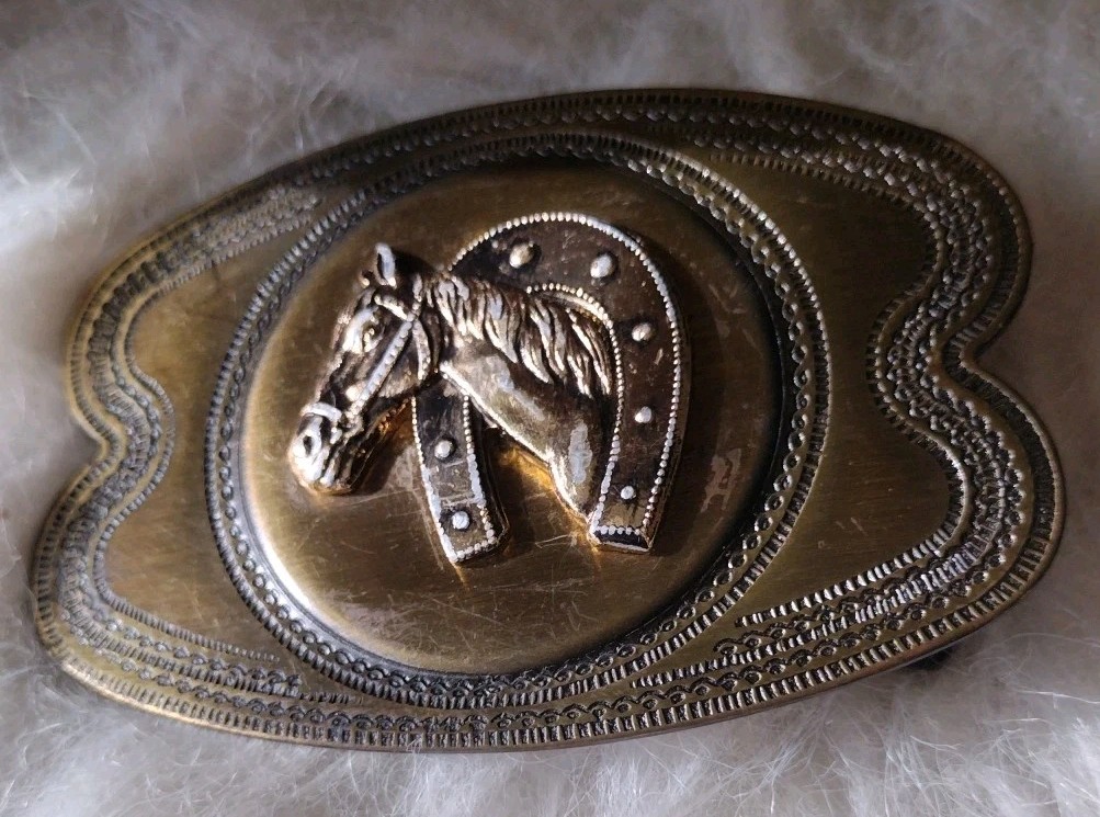 Vtg Horse Head Belt Buckle With Horseshoe Collar Brass Tone Japan