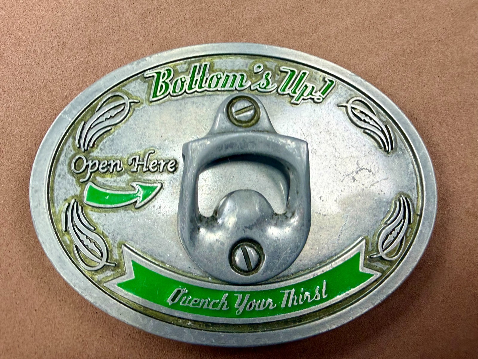 Bottom&rsquo;s Up! Open Here Quench Your Thirst Belt Buckle with Bottle Opener