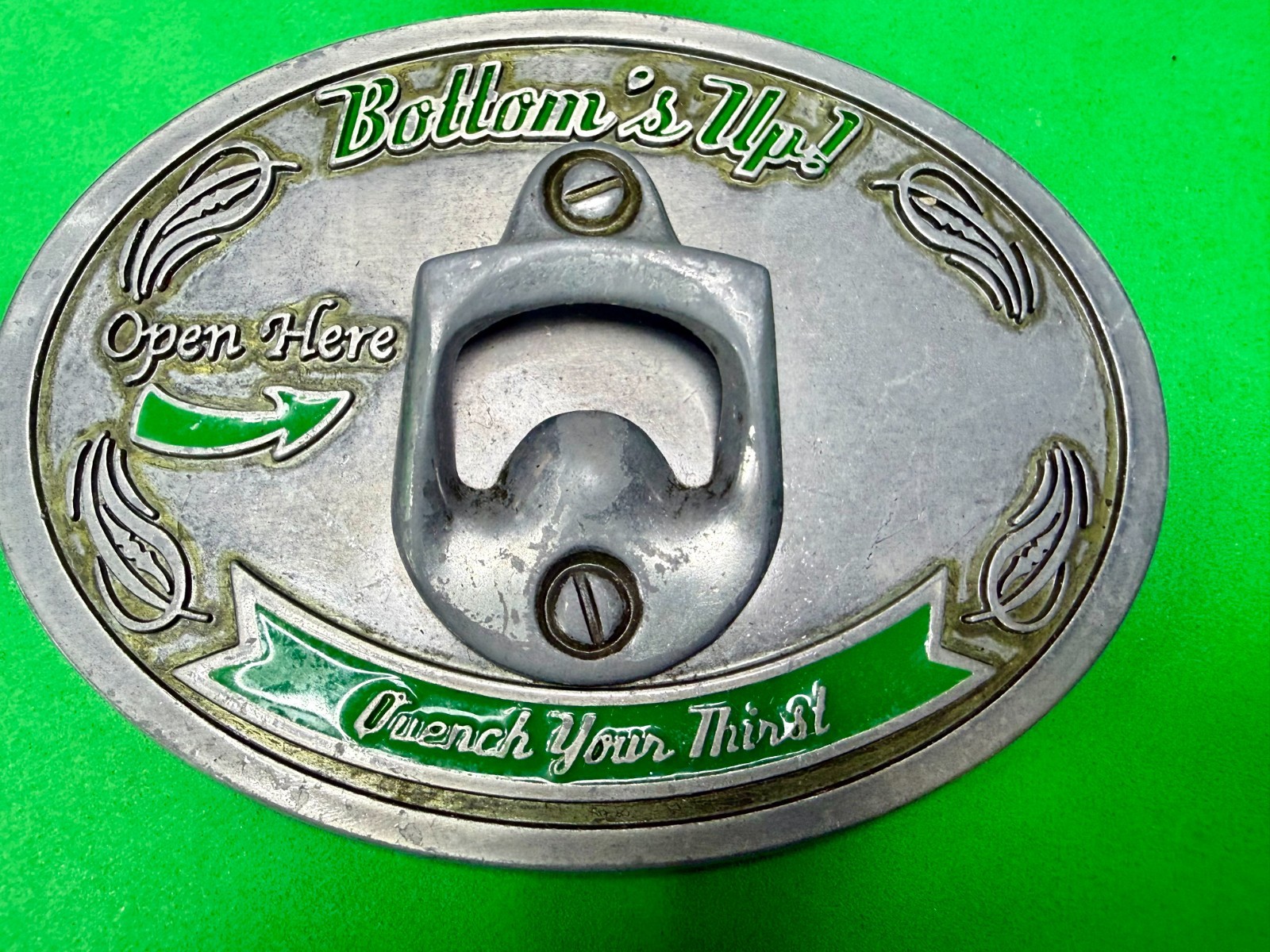 Bottom&rsquo;s Up! Open Here Quench Your Thirst Belt Buckle with Bottle Opener