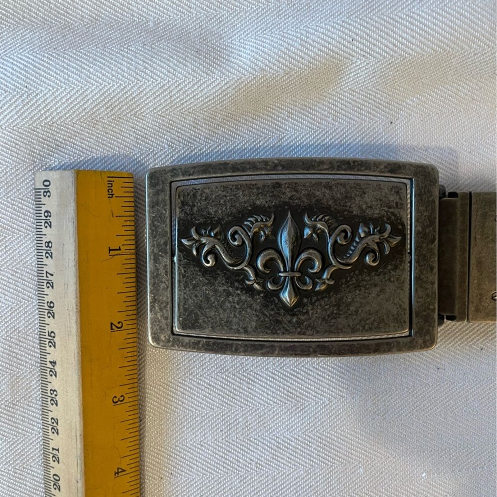 Fleur de Lis reversible pewter type belt buckle. Monogram M on the reverse side