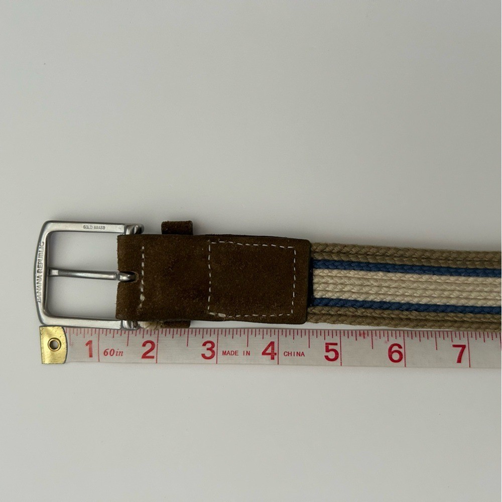Banana Republic Tan Blue Striped Suede & Canvas Sold Brass Buckle Belt Small