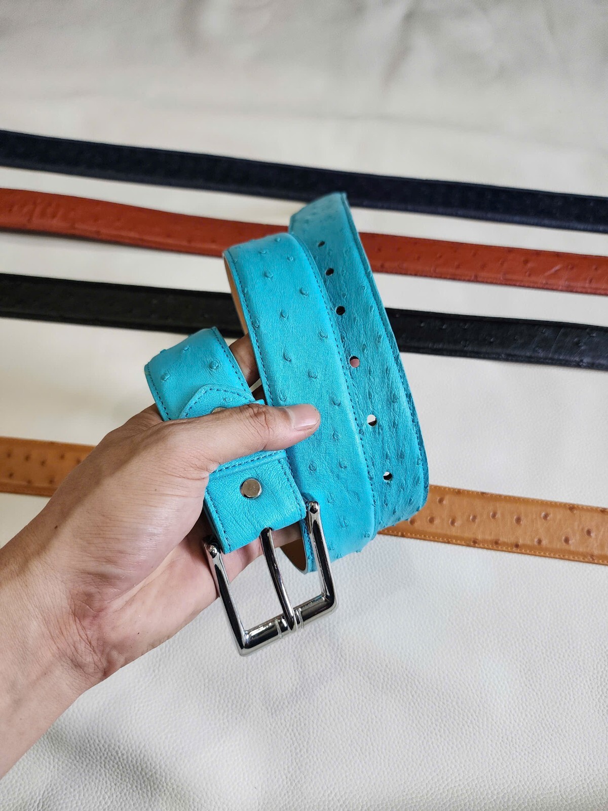 3.8CM Turquoise 100% Genuine Body Ostrich Leather Skin Mens Belt Buckle-Handmade