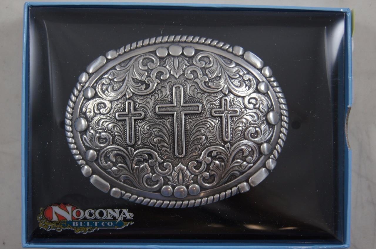Nocona Western silver tone Belt Buckle Oval Rope Edge 3 Cross Scrolling 37980