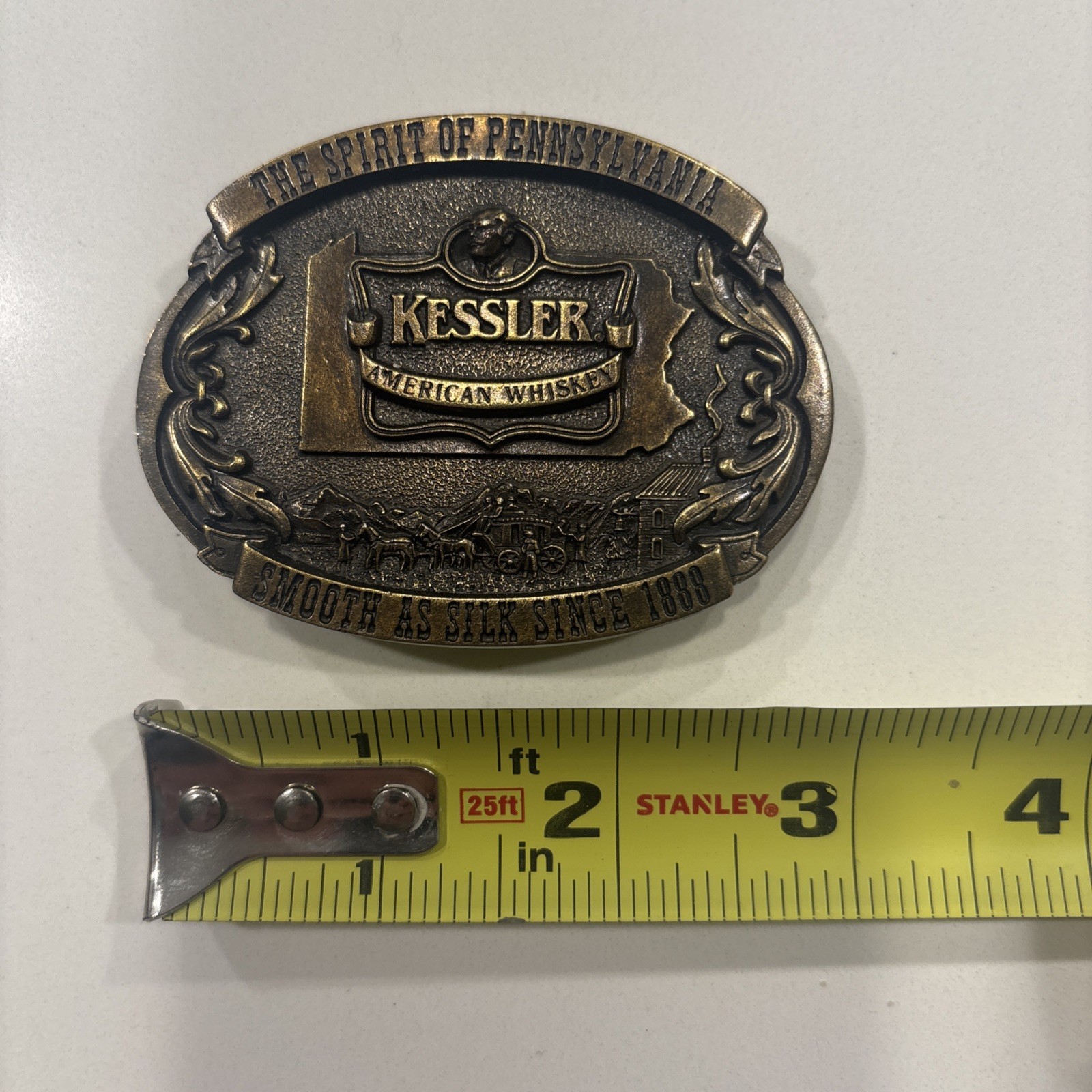 Vintage Belt Buckle Kessler American Whiskey Smooth As Silk 1993 Brass Tone USA