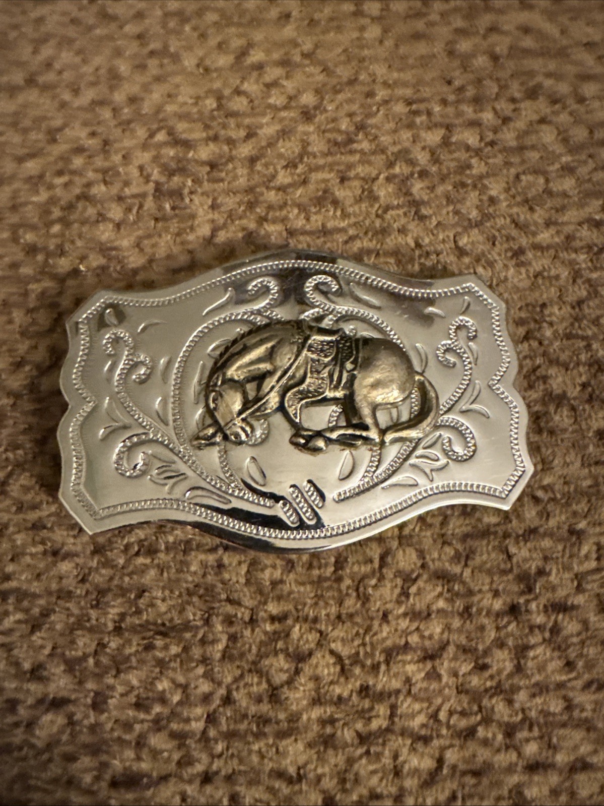 Western Silver Tone Belt Buckle with Brass Tone Bucking Bronco Horse