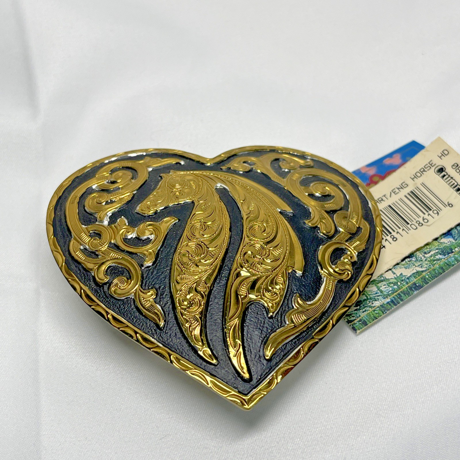 Crumrine Engraved Horse Floral Design on Heart Shape Buckle NEW with Tags