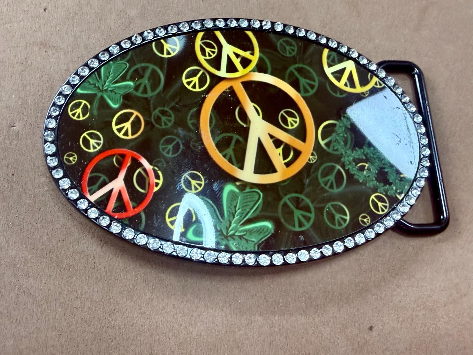 Peace Sign Symbol Four Leaf Clover with Clear Rhinestone Border Belt Buckle