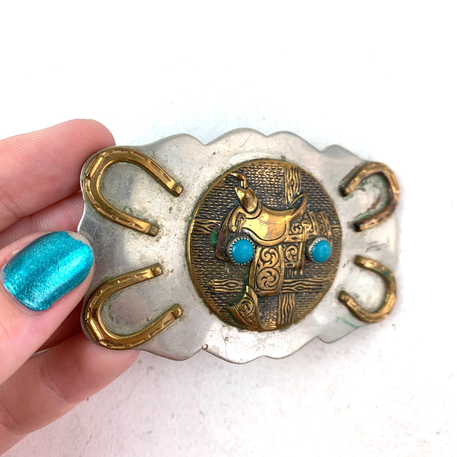 Vintage Nickel Silver Horseshoe Saddle Blue Gem Western Metal Belt Buckle