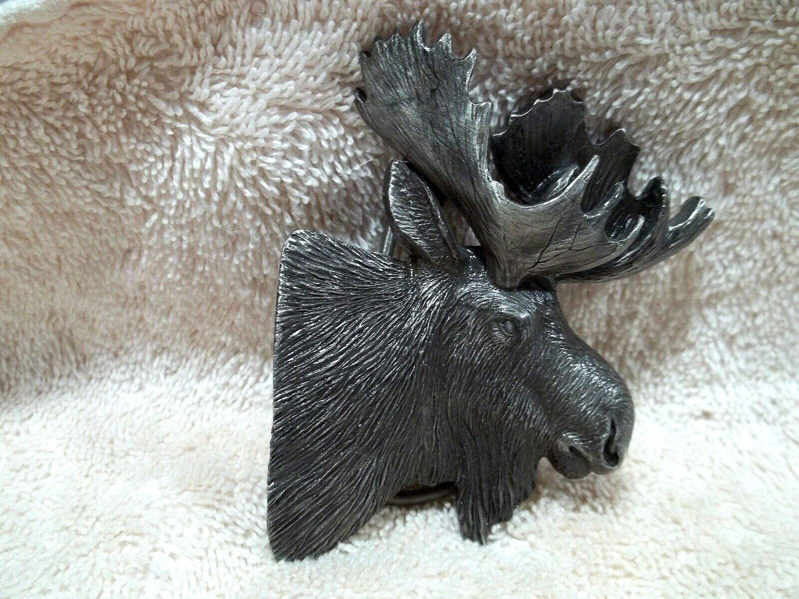 BERGAMOT Belt Buckle, Moose Head, Silver Tone Metal, Dimensional