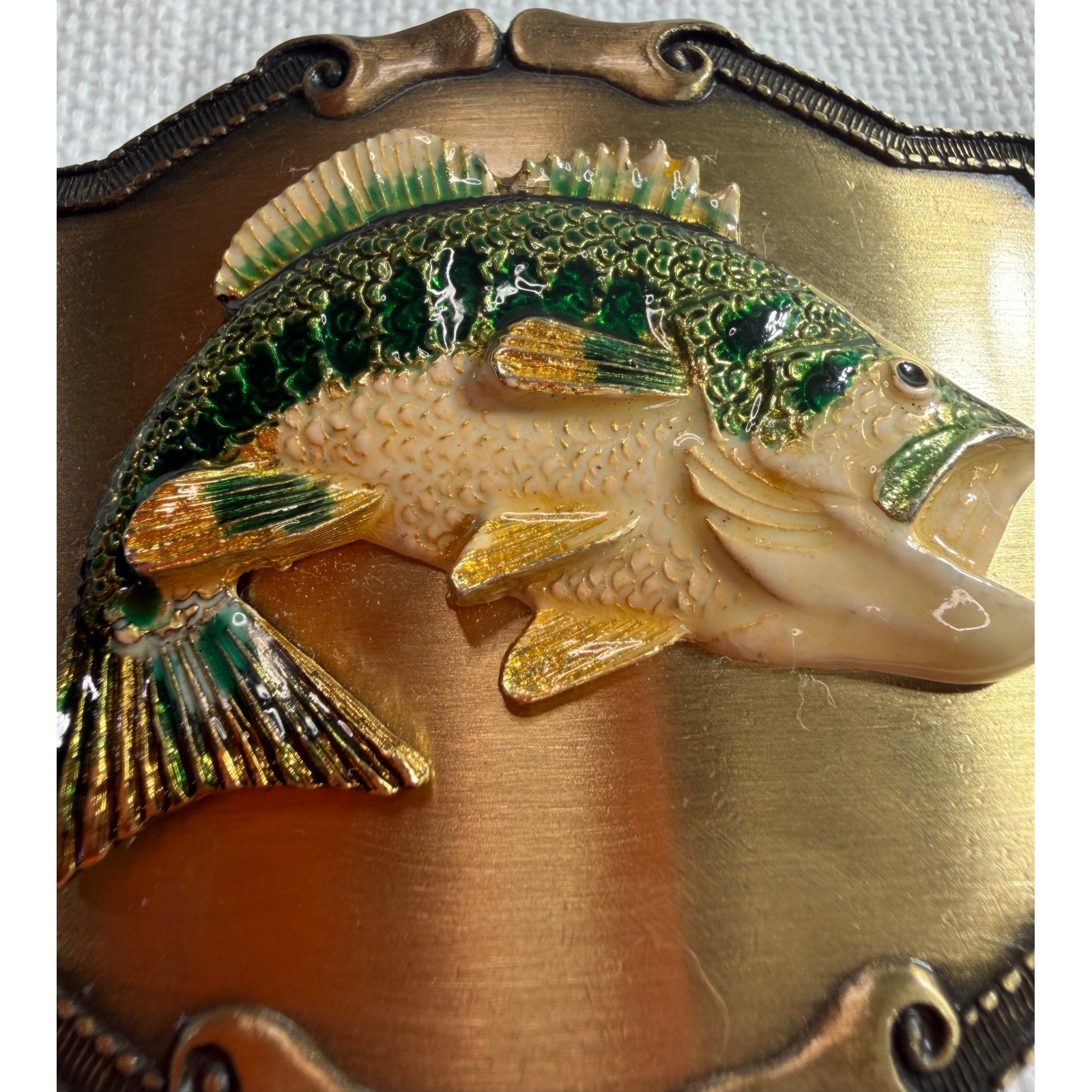 Vintage Raintree Bass Fishing Belt Buckle Enamel Largemouth Fish 1979 USA Made