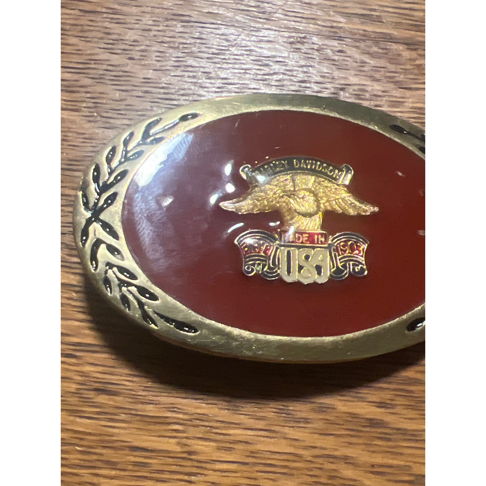 Vintage Harley Davidson Belt Buckle Eagle Made in USA Red Enamel Brass Oval B2