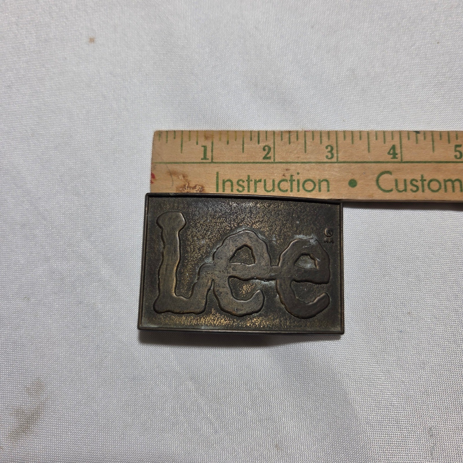 Vintage Lee Jeans Belt Buckle Brass Tone Raised Logo Rectangle Western Workwear