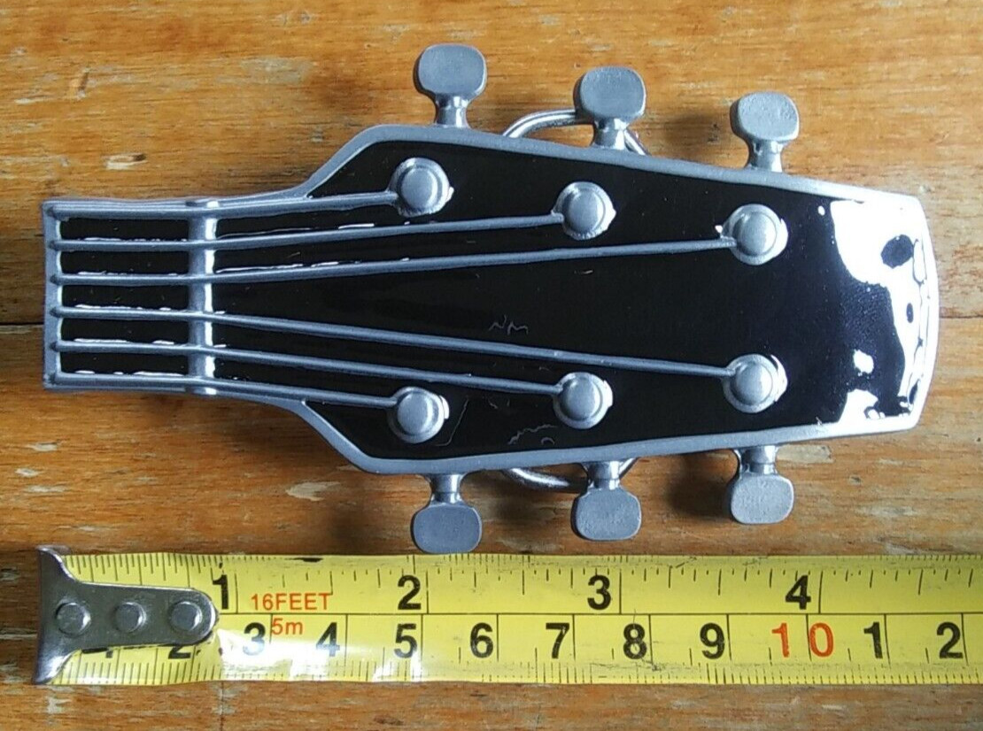 Vintage Guitar Headstock Enamel RnR Rockabilly Country Musician Belt Buckle