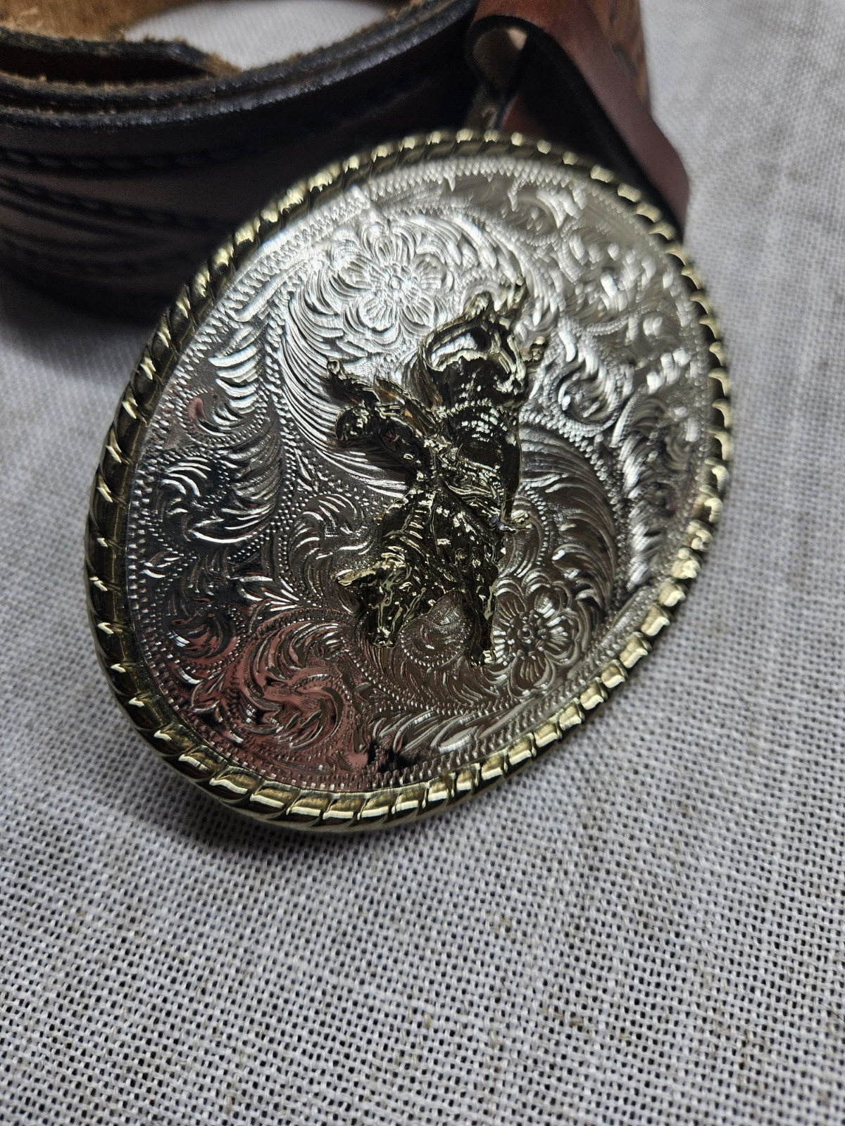Vintage Metal Belt/Buckle Silver and Brass Bronco Rodeo Bull Riding Cowboy USA