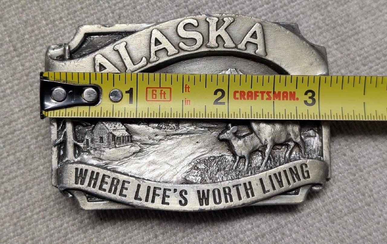1980s vintage ALASKA belt buckle WESTERN pewter DEER where life if worth living