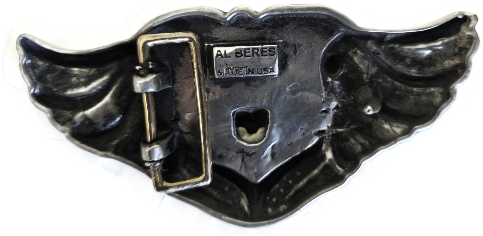 AL BERES TWO 1.5&Prime; LION WING BELT « BUCKLE ONLY » ANTIQUE SILVER PEWTER METAL USA