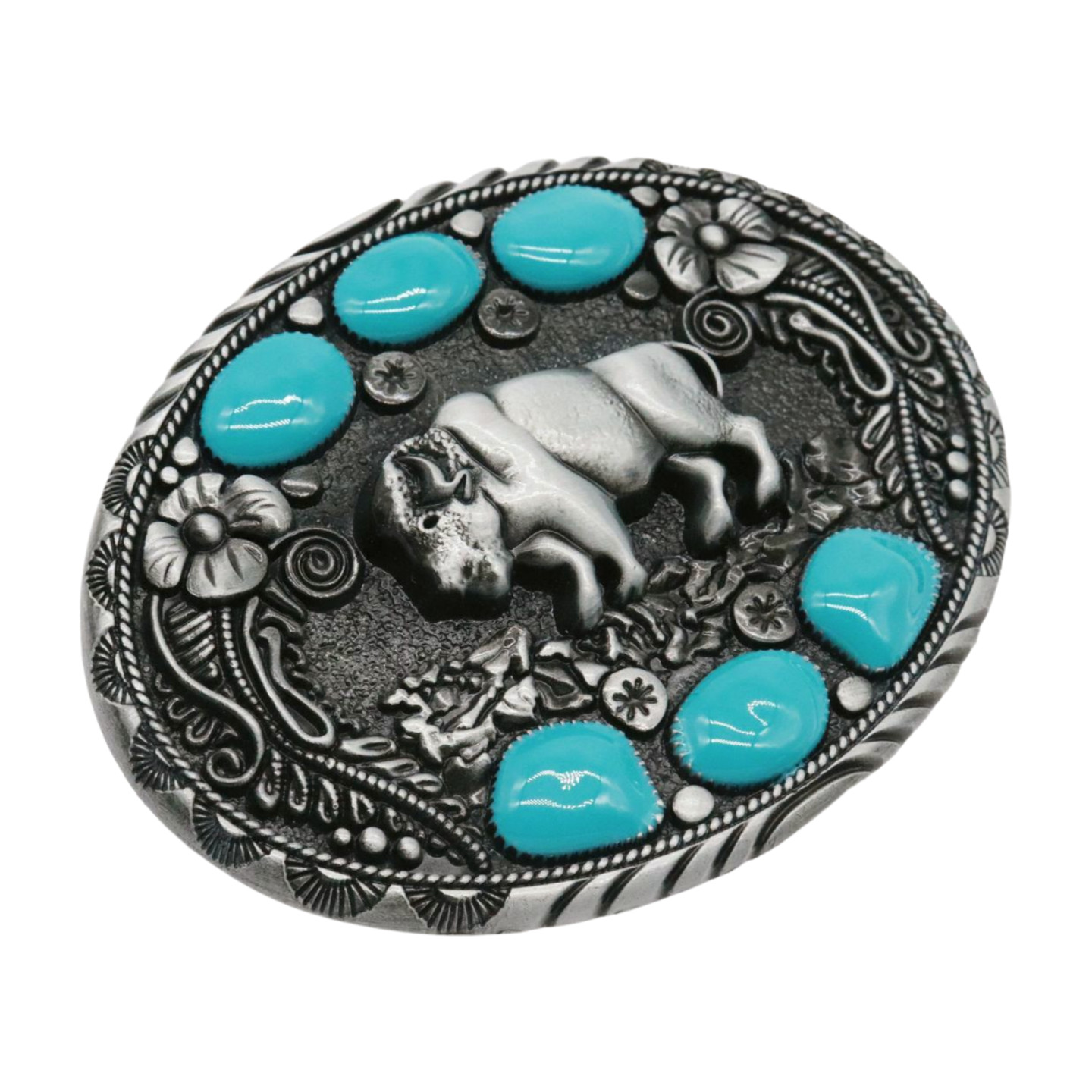 Men Western Belt Buckle Dark Silver Metal Cowboy Bison Buffalo Ox Oval Shape