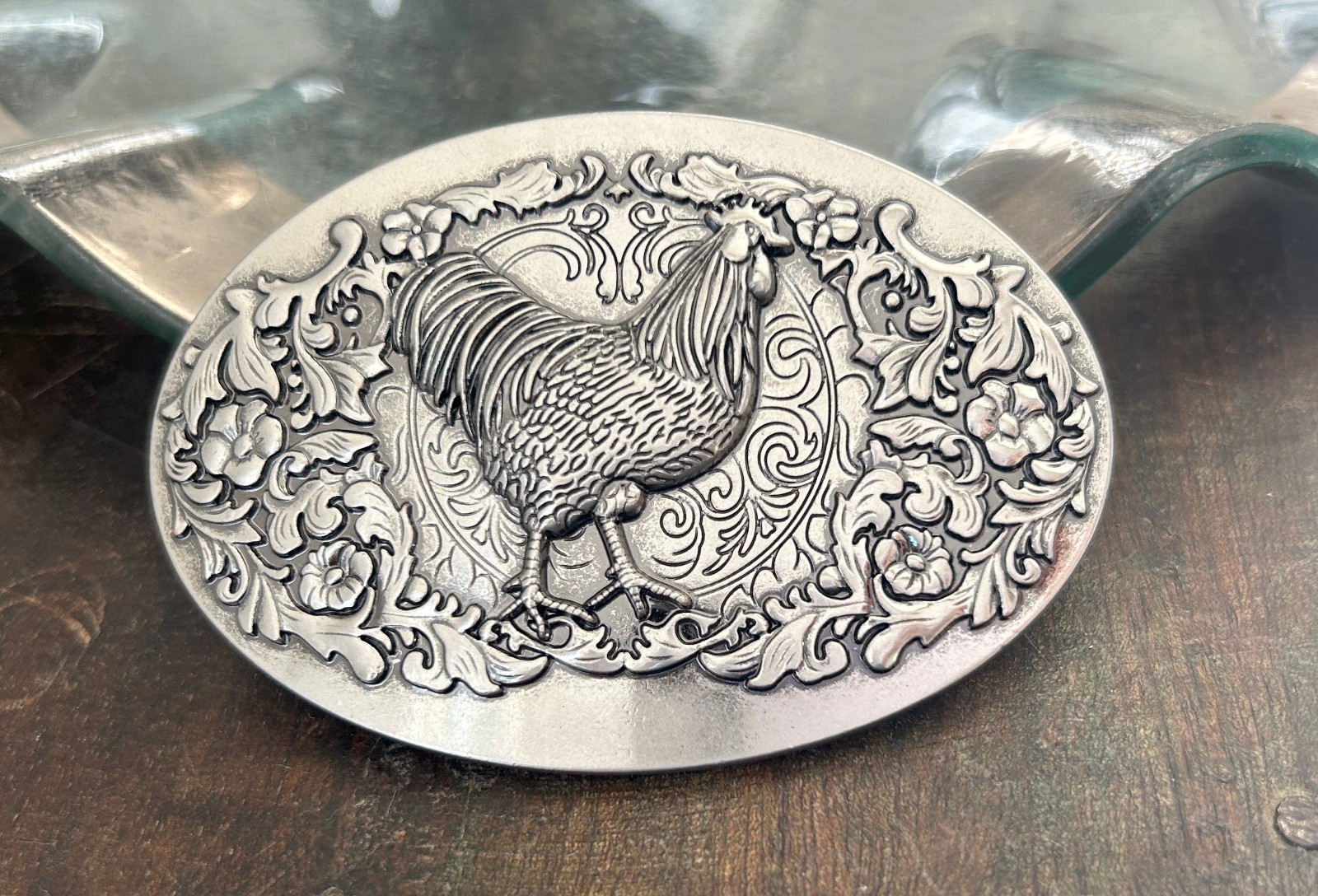Engraved Stainless Steel Rooster Belt Buckle Floral Western Cowboy Style
