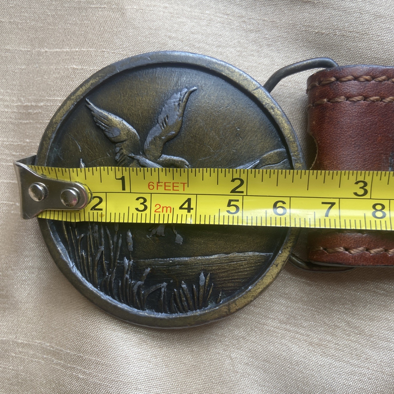 Ducks Belt Buckle Lake Cattails Hunting Vintage 1976 Indiana Metal Craft/Belt