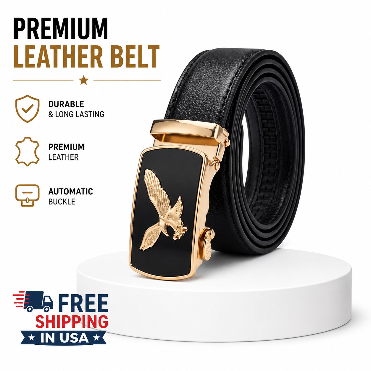 Men&rsquo;s Eagle Buckle Ratchet Belt Black PU Leather Adjustable 50&Prime; Waist