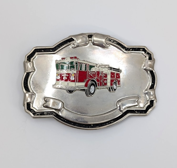 VTG Fire Truck Belt Buckle Silver Tone Red White Enamel Firefighter Blank Scroll