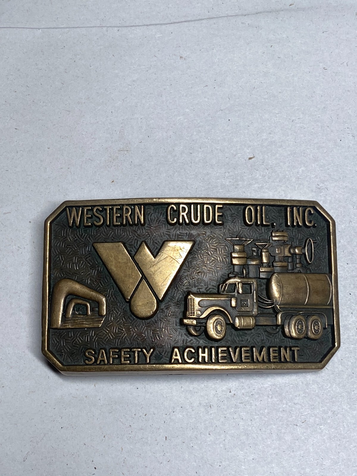 Vintage Western Crude Oil Inc Safety Achievement Brass Belt Buckle Jostens