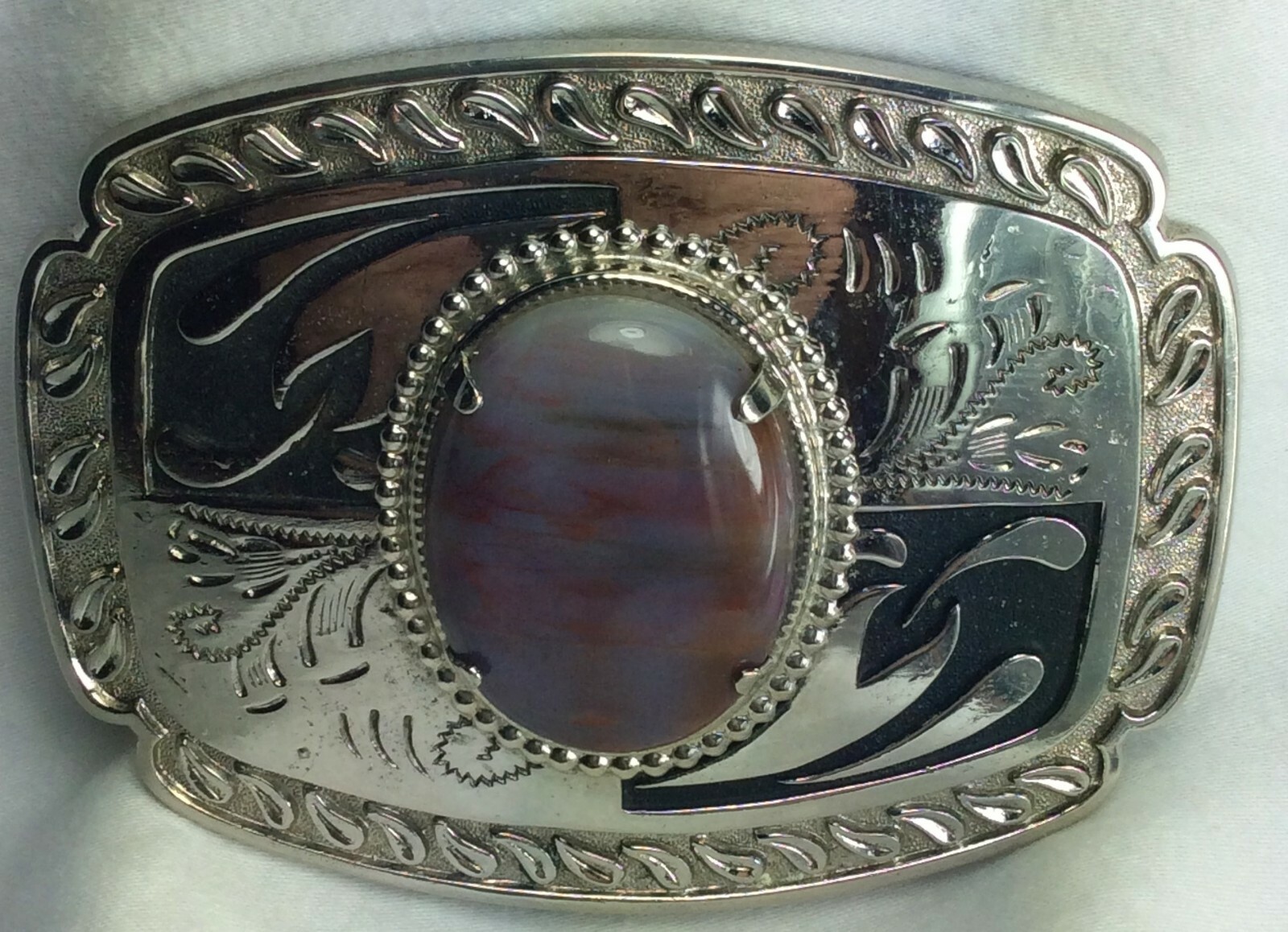 Two Belt Buckles Lrg Silvertone w/Jasper Cabochon – Goldtone Flying Eagle & Sun