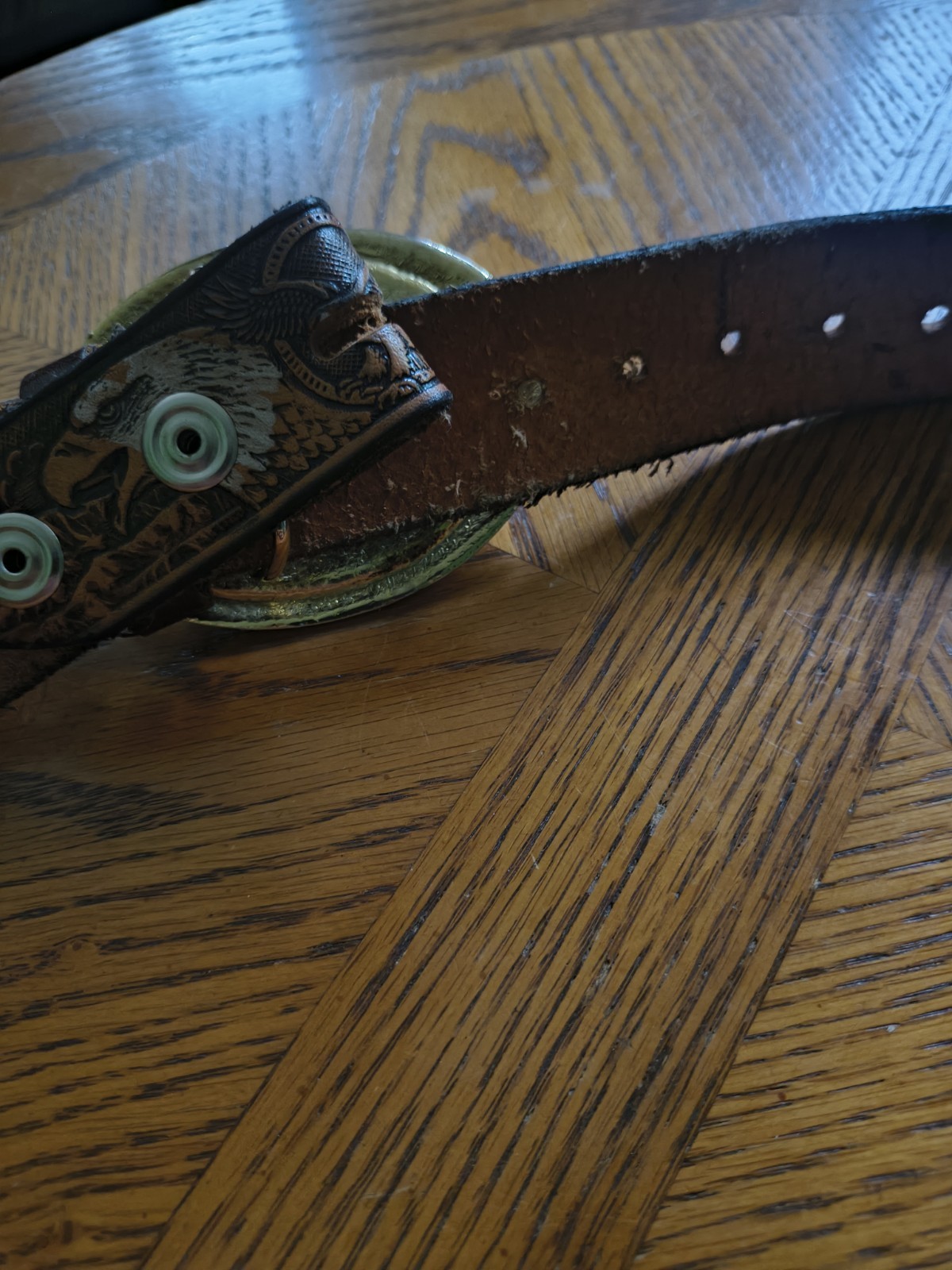 Vintage Genuine Leather Eagle & Deer Wildlife Belt Gold Tone Buckle Size Apx 32
