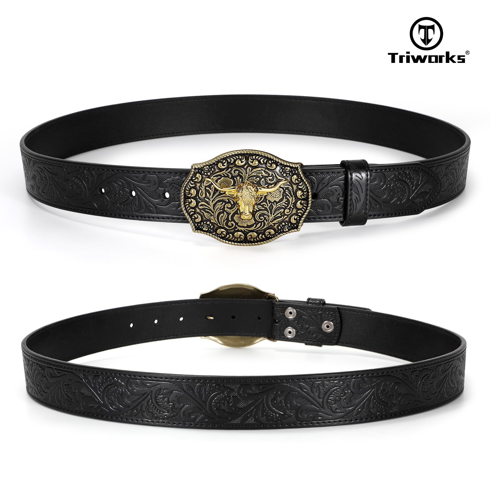 TRIWORKS Mens Western Cowboy Belt – Cowgirl Fit Size 34&Prime;-37&Prime;, Black