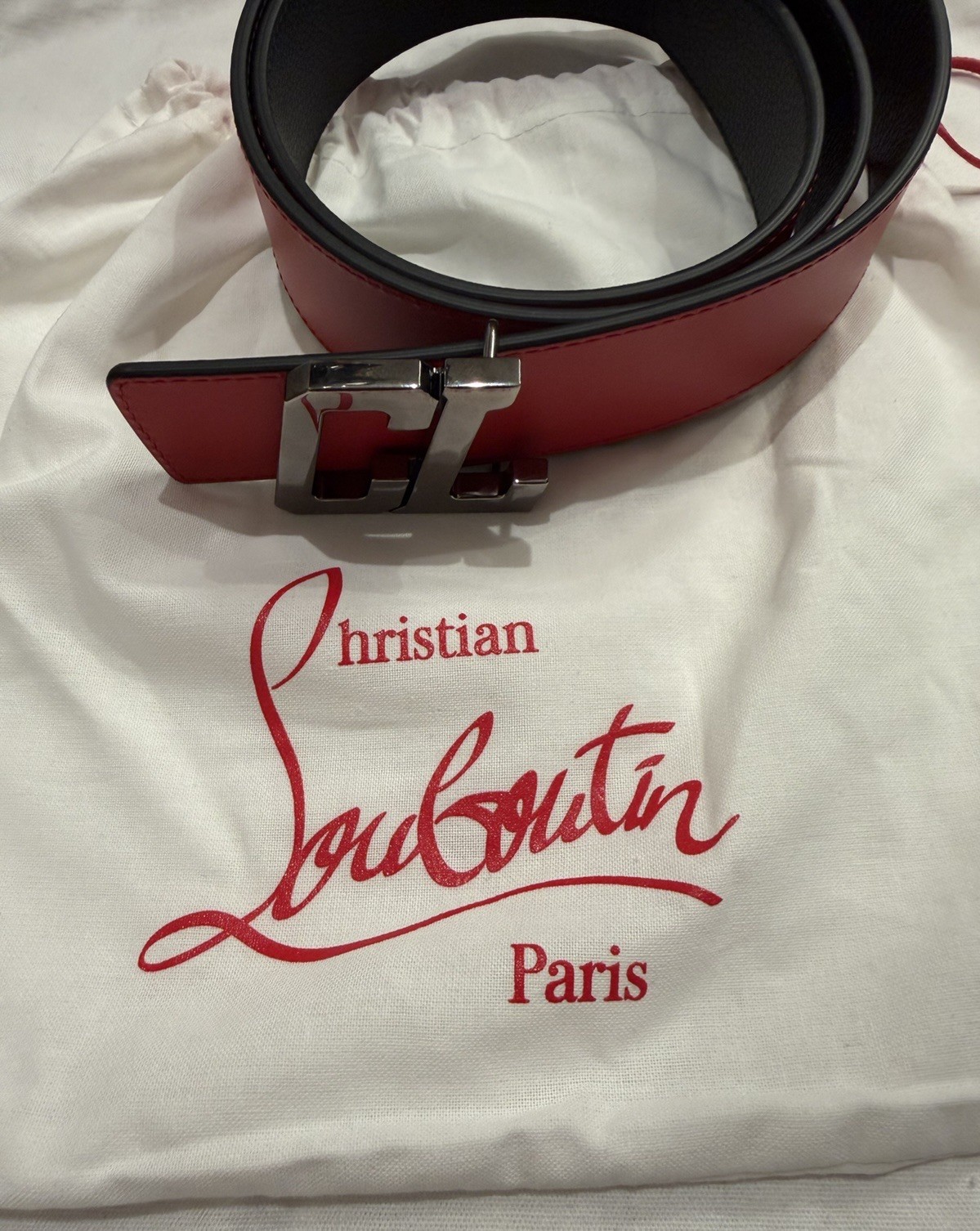 NEW CHRISTIAN LOUBOUTIN RED/ BLACK REVERSIBLE BELT. WITH BOX DUST BAG TAGS