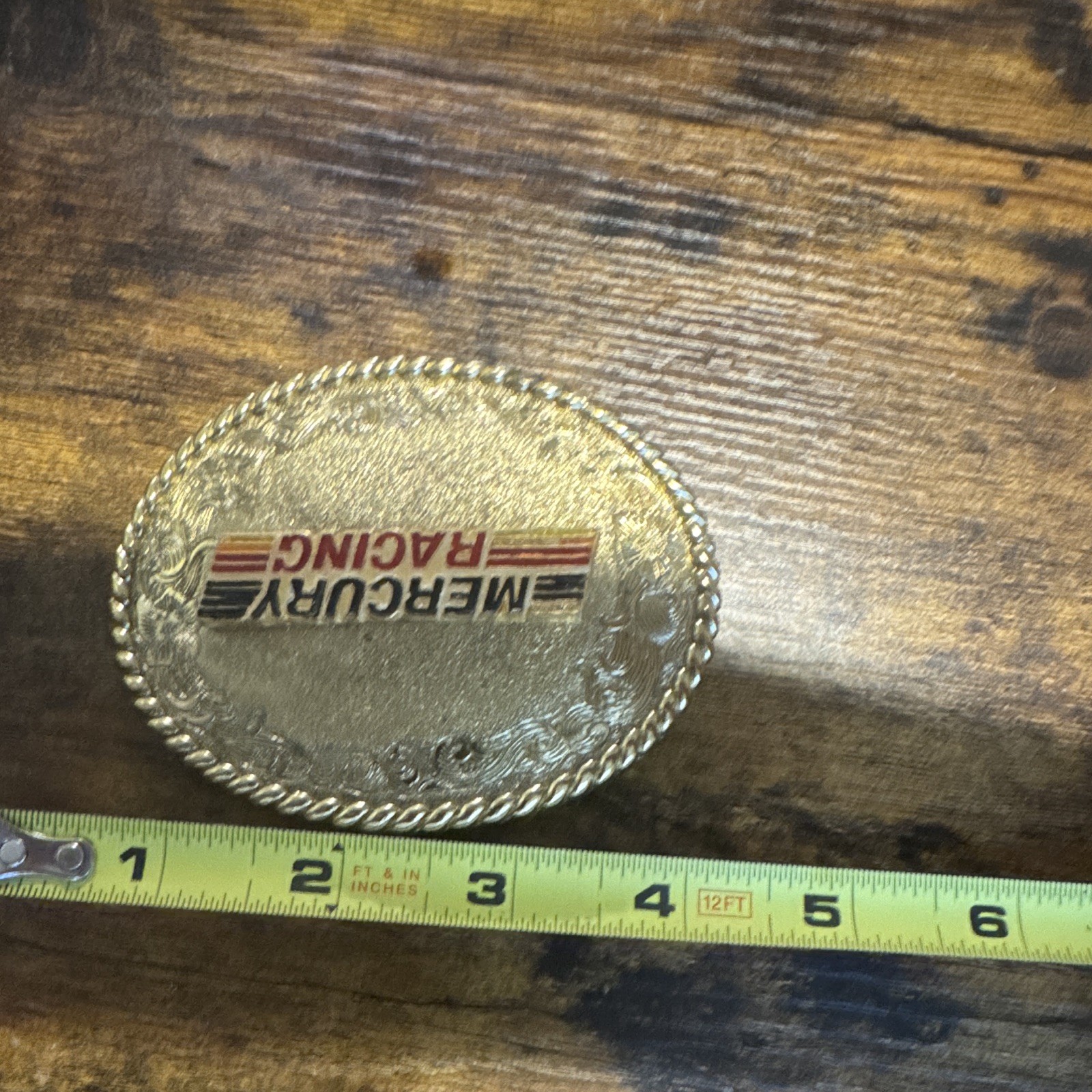 Mercury Racing Gold Tone Metal Oval Plate Belt Buckle Embossed Logo Vintage