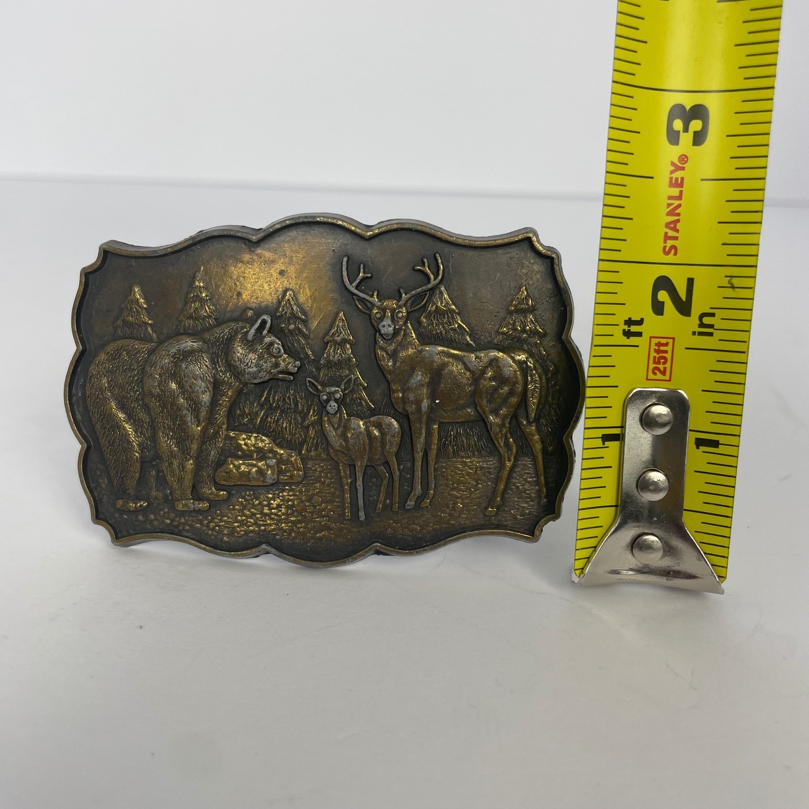 Vintage Wildlife Belt Buckle Bear Deer Fawn Forest Scene Brass Tone Scalloped
