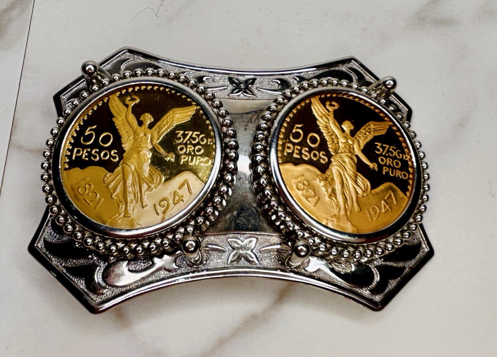 Double Centenario Western Belt Buckle Hebilla Rodeo Silver/Gold Tone 2.5”x4”
