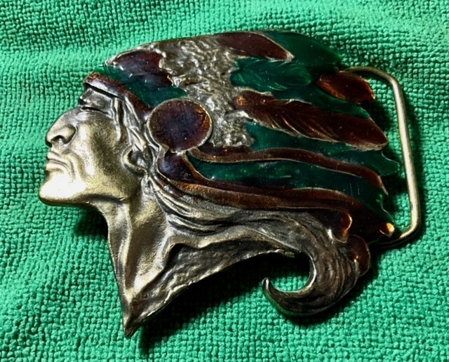 Limited Edition Vintage Indian Head Belt Buckle Brass and Enamel Fill – USA