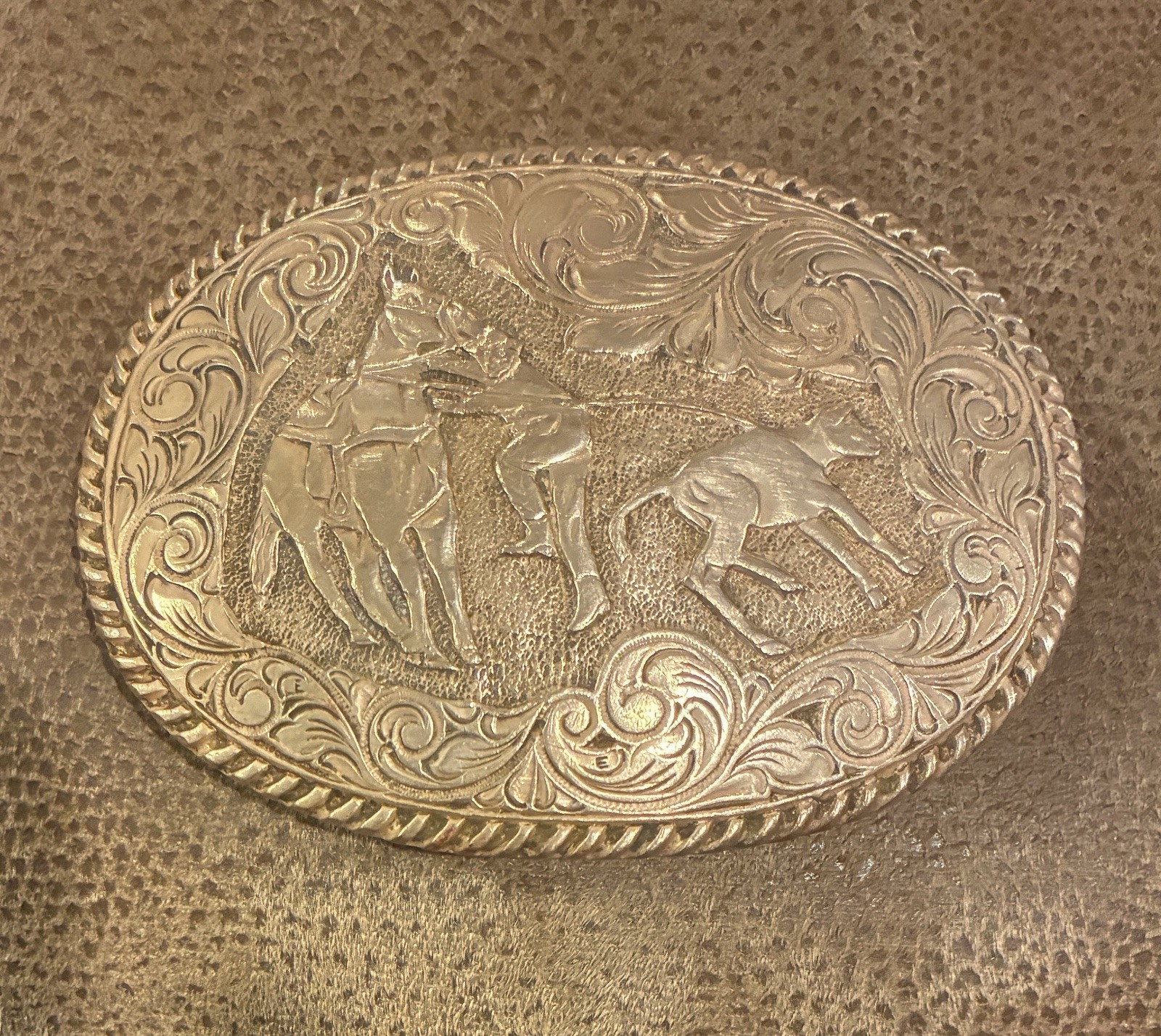 Vintage Bronze Calf-Roping Cowboy Belt Buckle Crumrine B R Western El Arturo