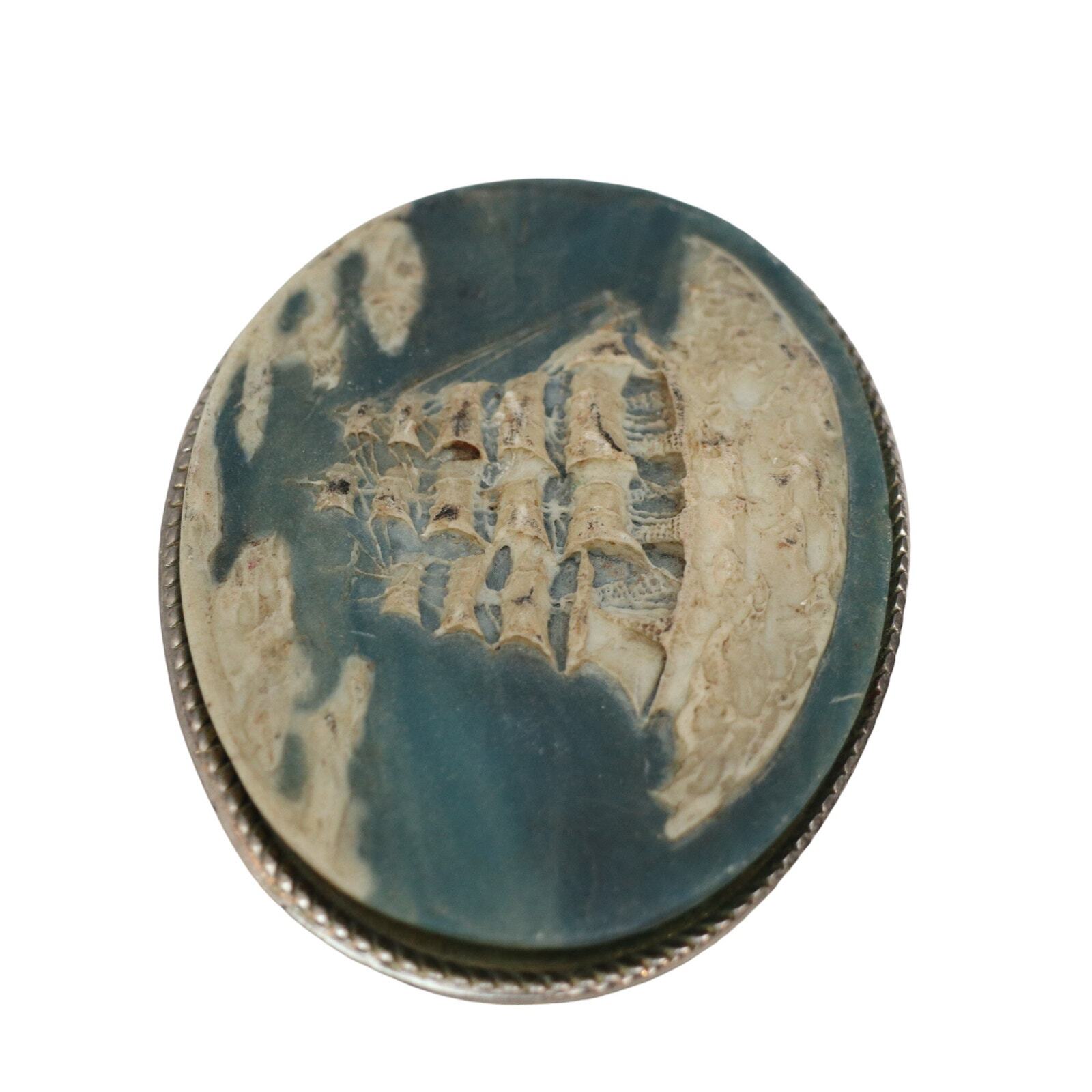 Vintage Incolay Stone Belt Buckle Cameo Sailing Ship Boat Clipper Nautical BLUE