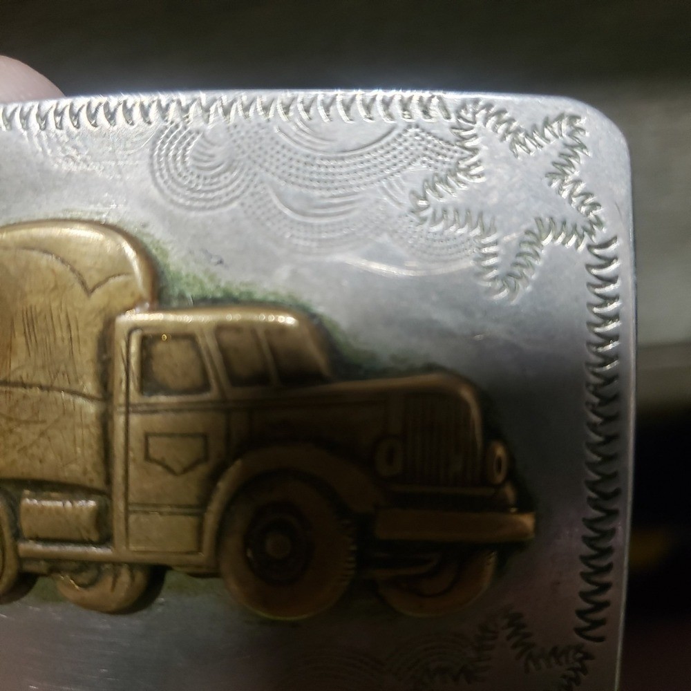 Vintage German Silver Semi Truck Belt Buckle Engraved Brass Tone Big Rig Men