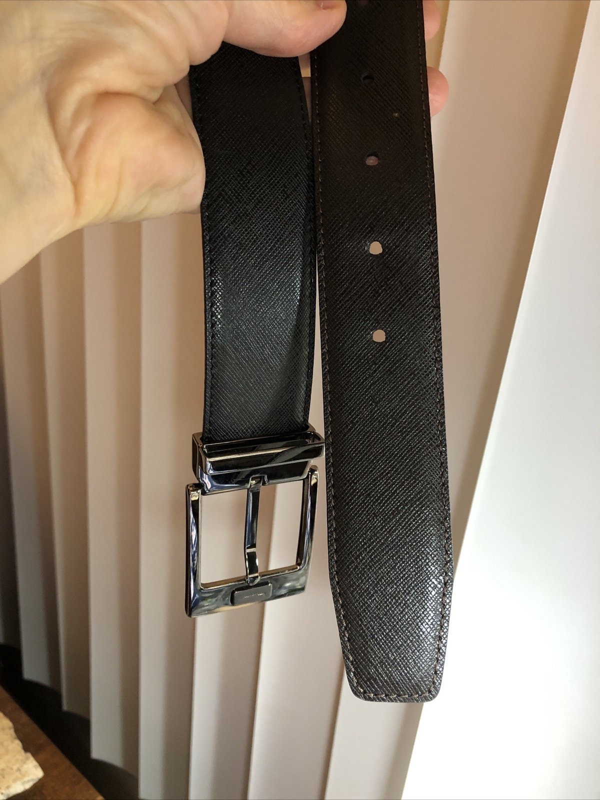 Salvatore Ferragamo Gun Metal tone Rectangle Buckle black leather belt