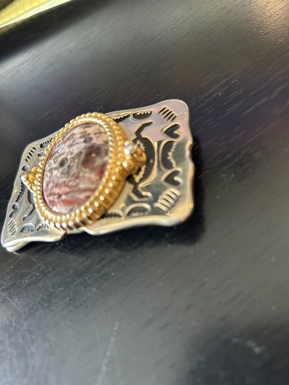 Vintage Collectible Leopard Skin Jasper Stone Metal Belt Buckle