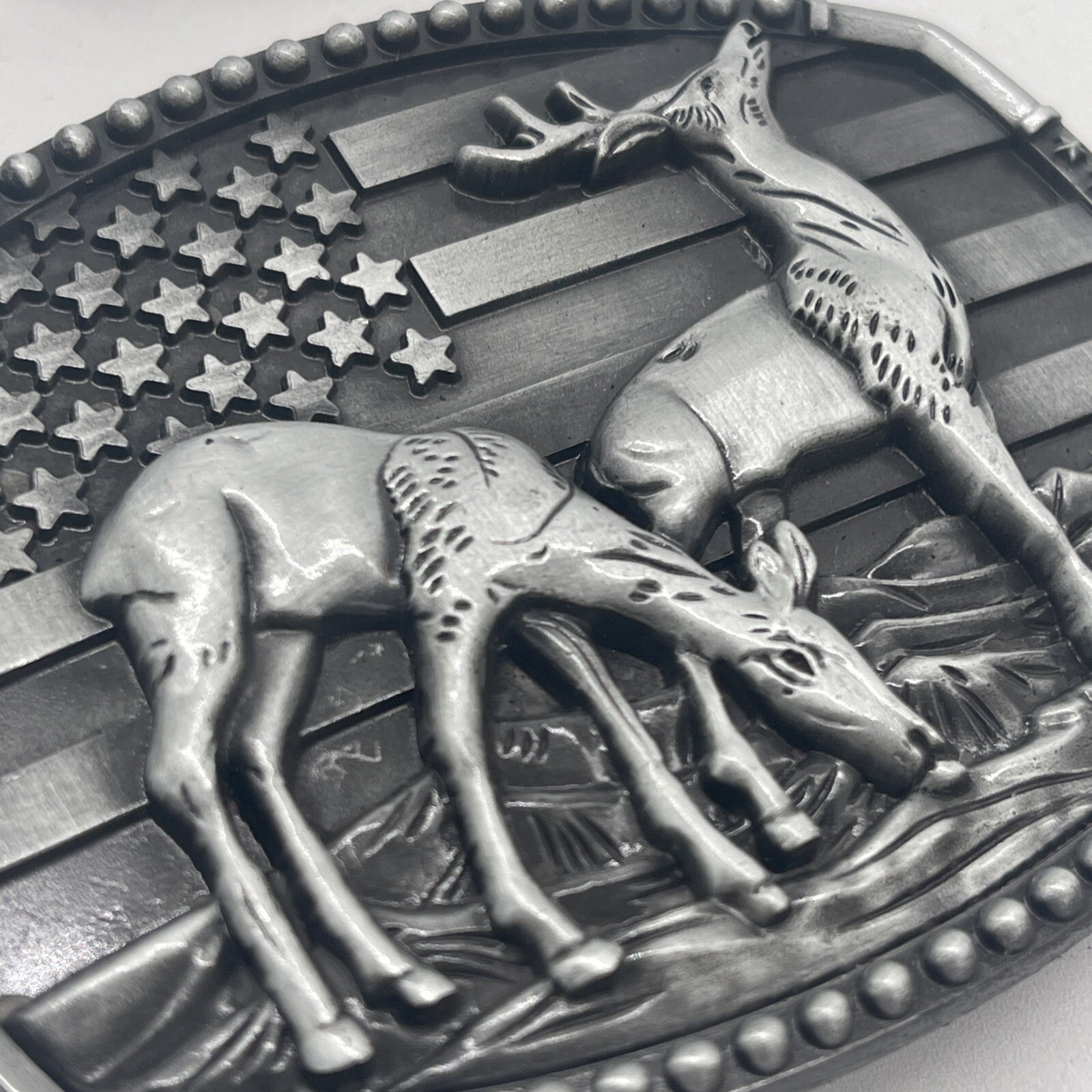Deers And American Flag Belt Buckle: For 1 1/2” Wide Belt (not Included)