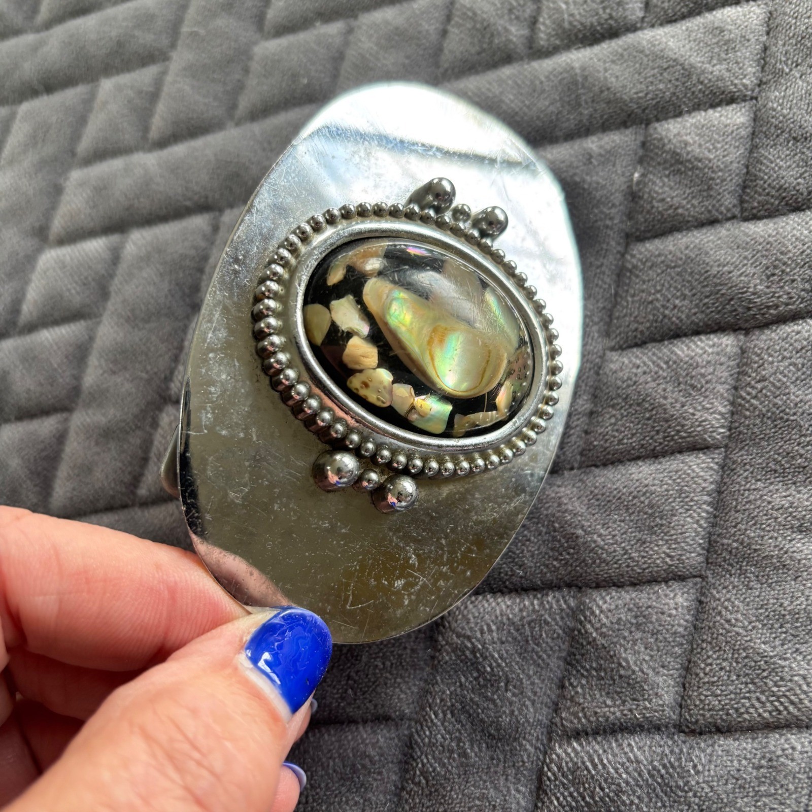 Vintage Silver Tone Abalone Shell Inlay Oval Belt Buckle Western Boho Iridescent