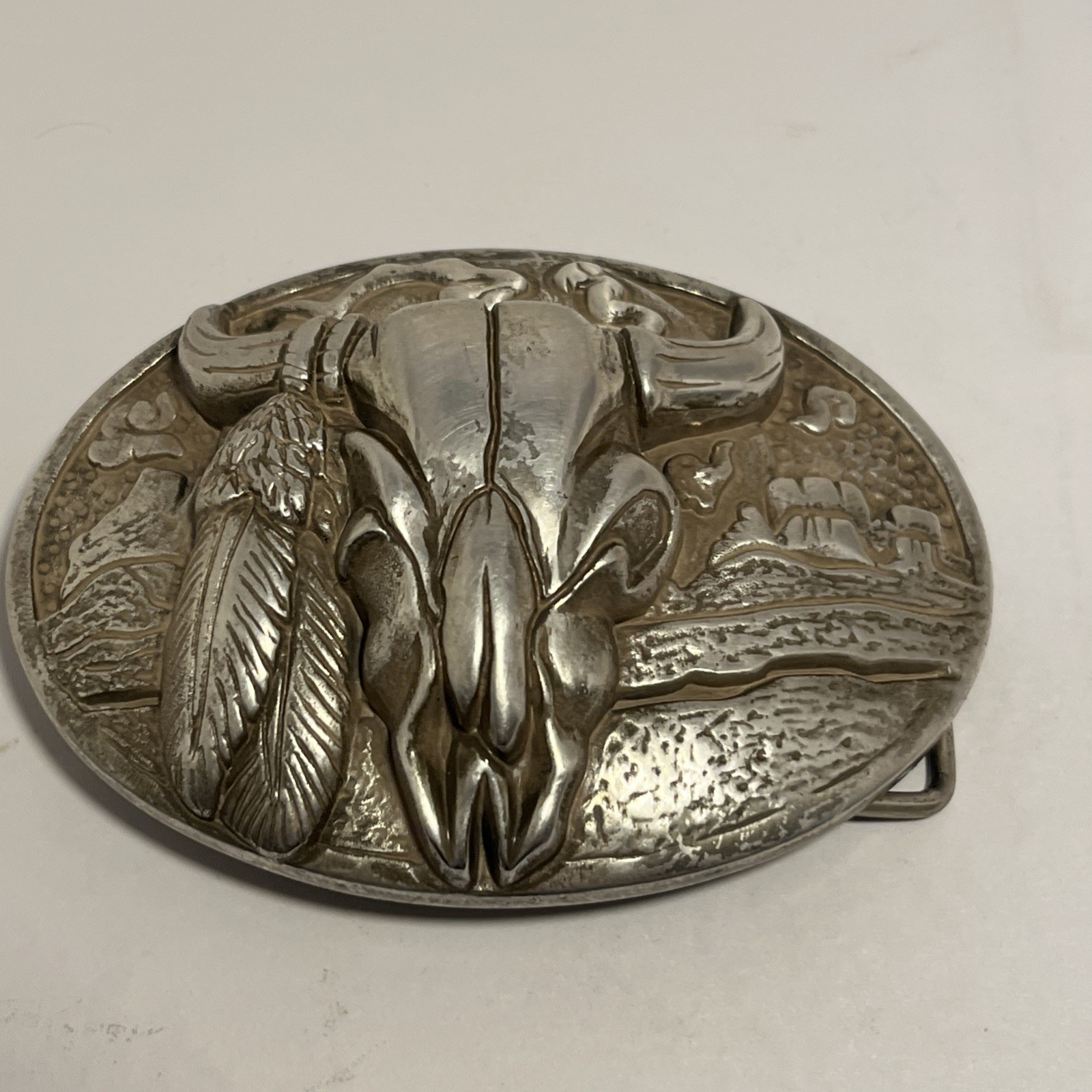 VINTAGE SILVER TONED TEXAS LONGHORN BELT BUCKLE – VERY HEAVY 💥