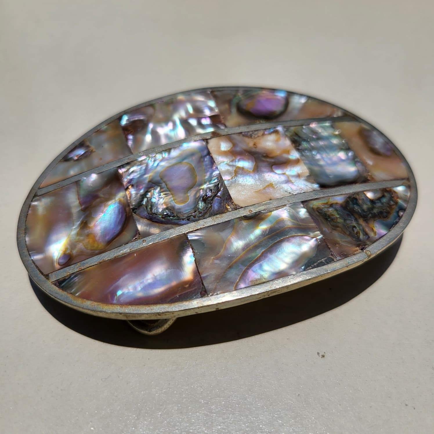 Vintage Alpaca Silver Abalone Shell Iridescent Mosaic Mexico Belt Buckle
