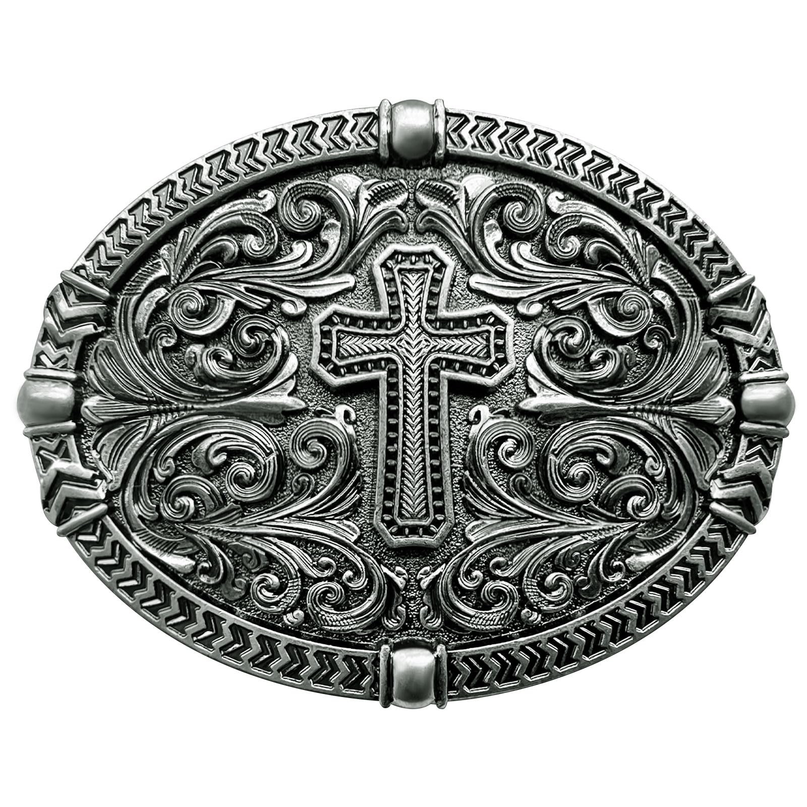 LKKLUYIC Religious Cross Western Belt Buckles for Men Cowboy Large, Silver