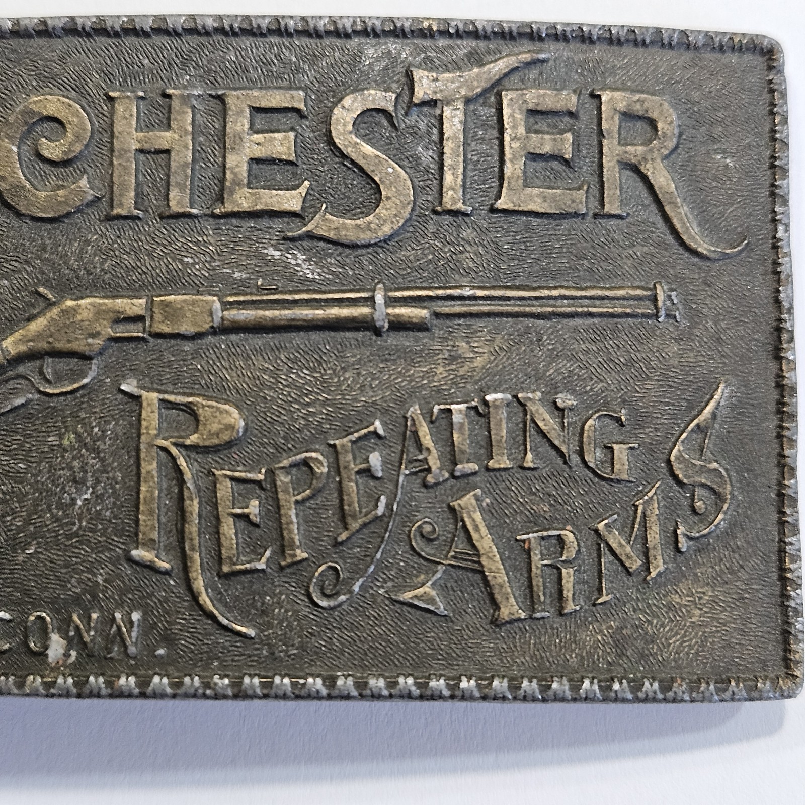 Vintage Winchester Repeating Arms Brass Belt Buckle Rifle New Haven Conn.