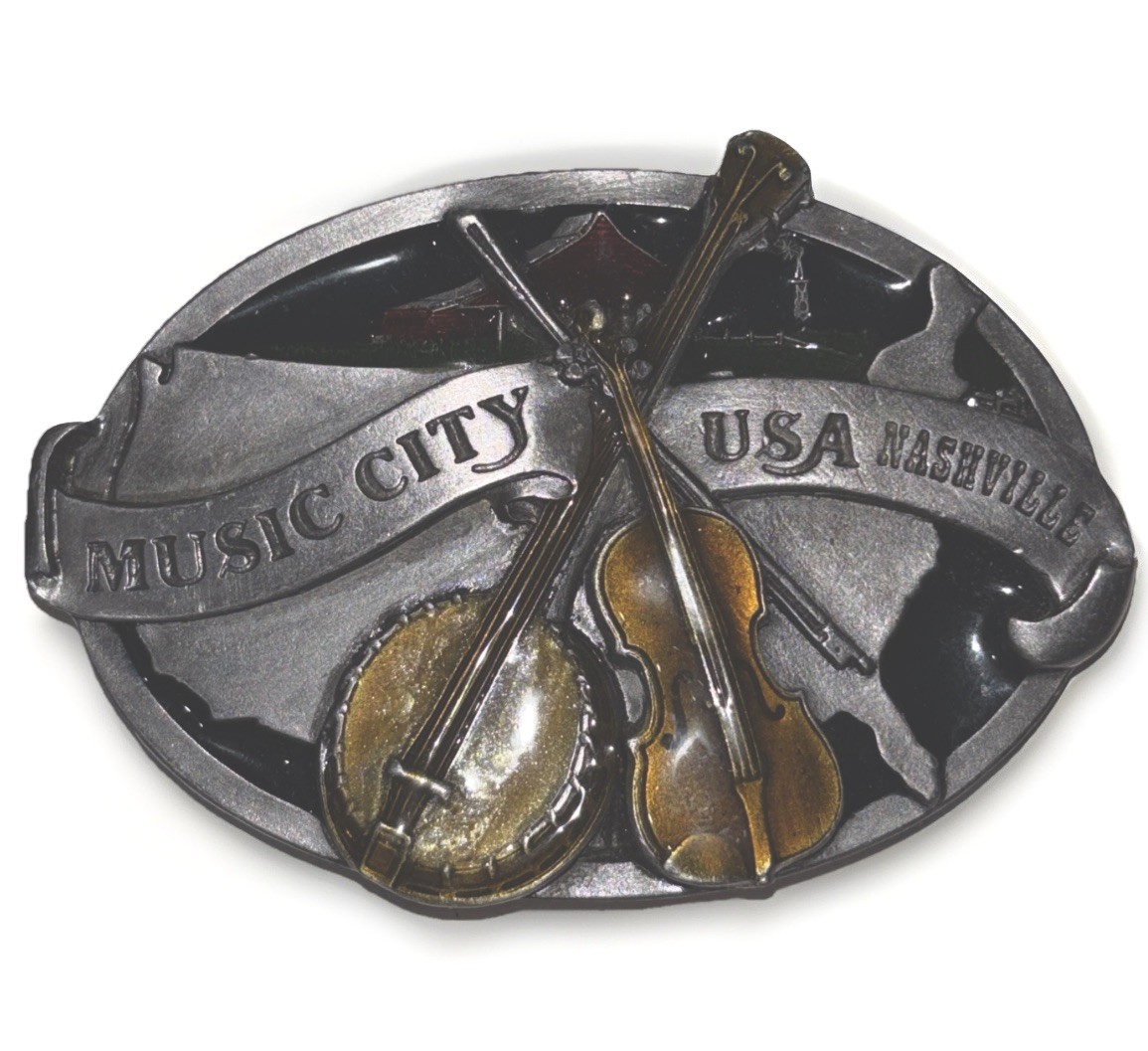 Vtg Buckle Nashville Music City USA Siskiyou Enameled Banjo & Fiddle Pewter 1984