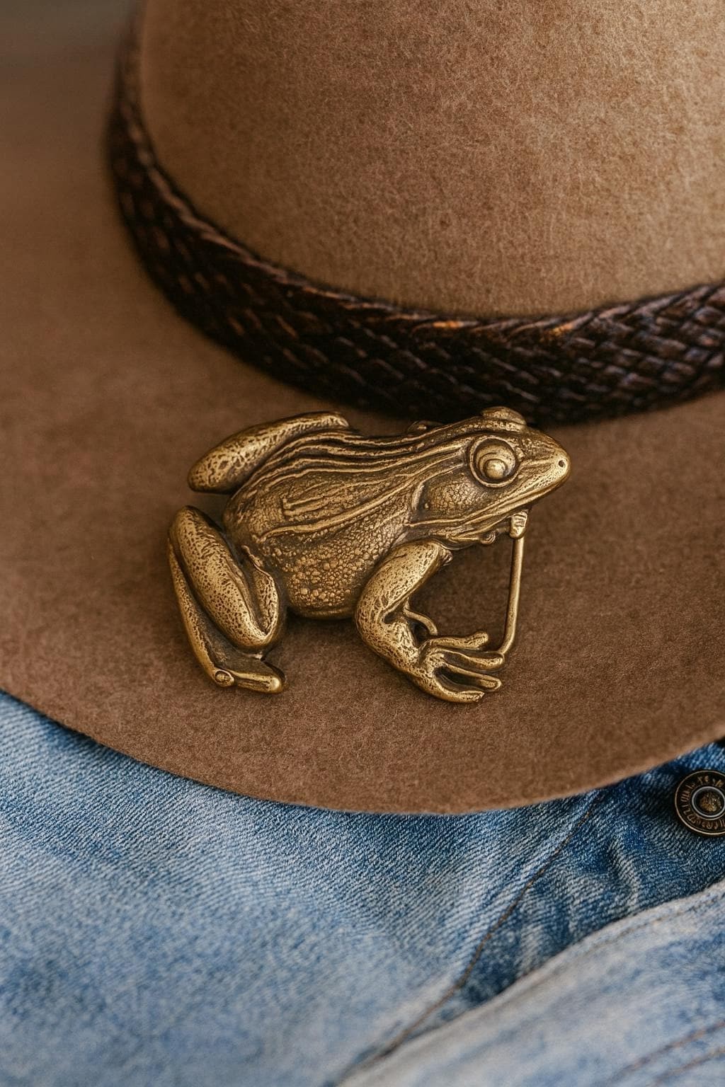 Brass Frog Belt Buckle Large Bullfrog Lily Pad Western Cowboy Design