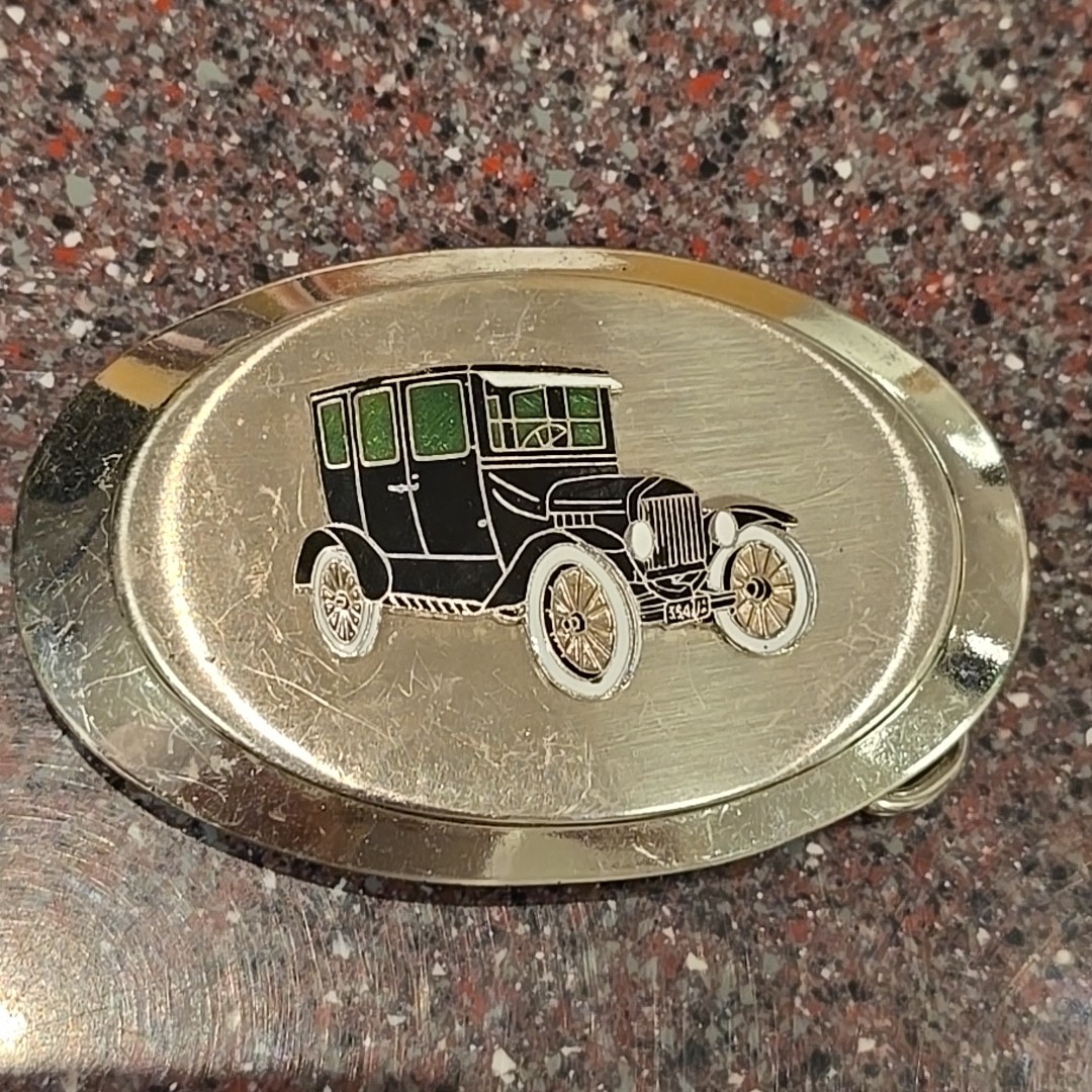 Antique Black Ford Model T Car Vintage Shiny Siver Belt Buckle