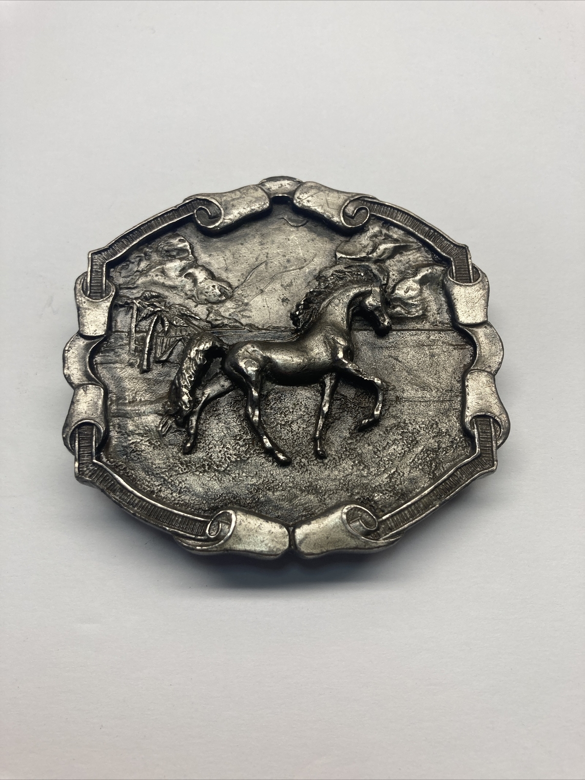 Vintage 1976 Bergamot Horse Belt Buckle. Horse Prancing .Stamped I-144