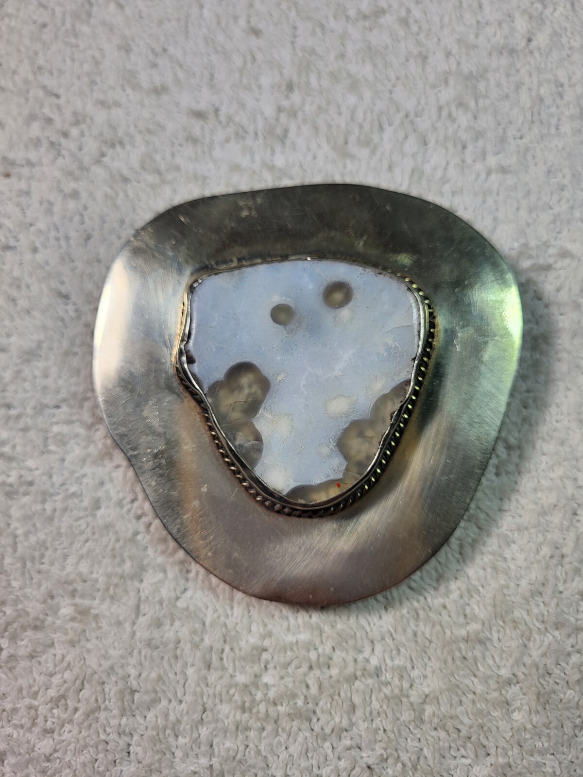 Vintage Unmarked Coin Silver & Brass Belt Buckle Mexico Inlaid Agate